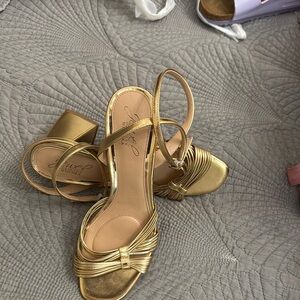 Jewel Badgley Mischka Gold Heels with Strappy Design